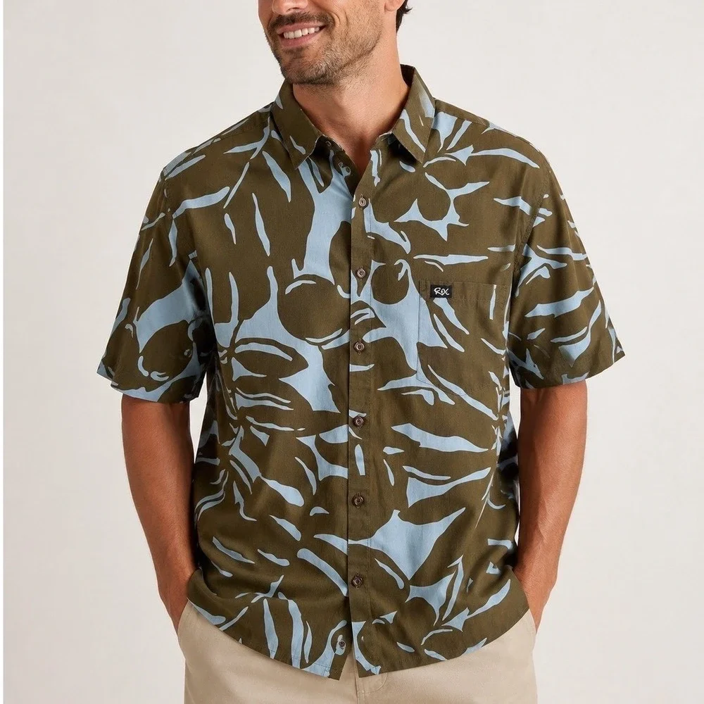 Rix Island‎ Wear Mens XL Aloha Hawaiian Shirt Olive Blue Tropical Leaf Cotton